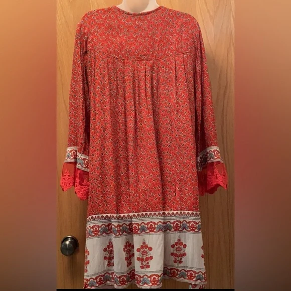 Boho Red Lace Print Long Sleeved Dress S R Fashion - Picture 4 of 13
